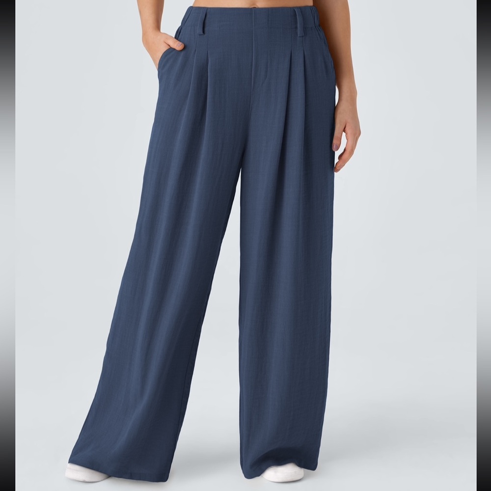 Halara High Waisted Wide Leg Flowy Solid Palazzo Casual Linen-Feel Pants blue